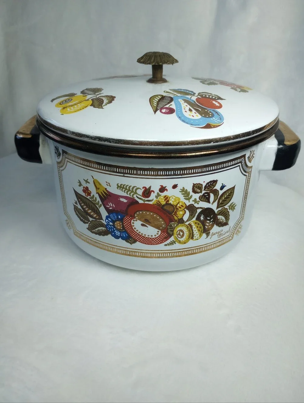 VTG George's Briard Cottage Granny Metal Enamel Coated Pan Fruit Pattern 2-6 Qt